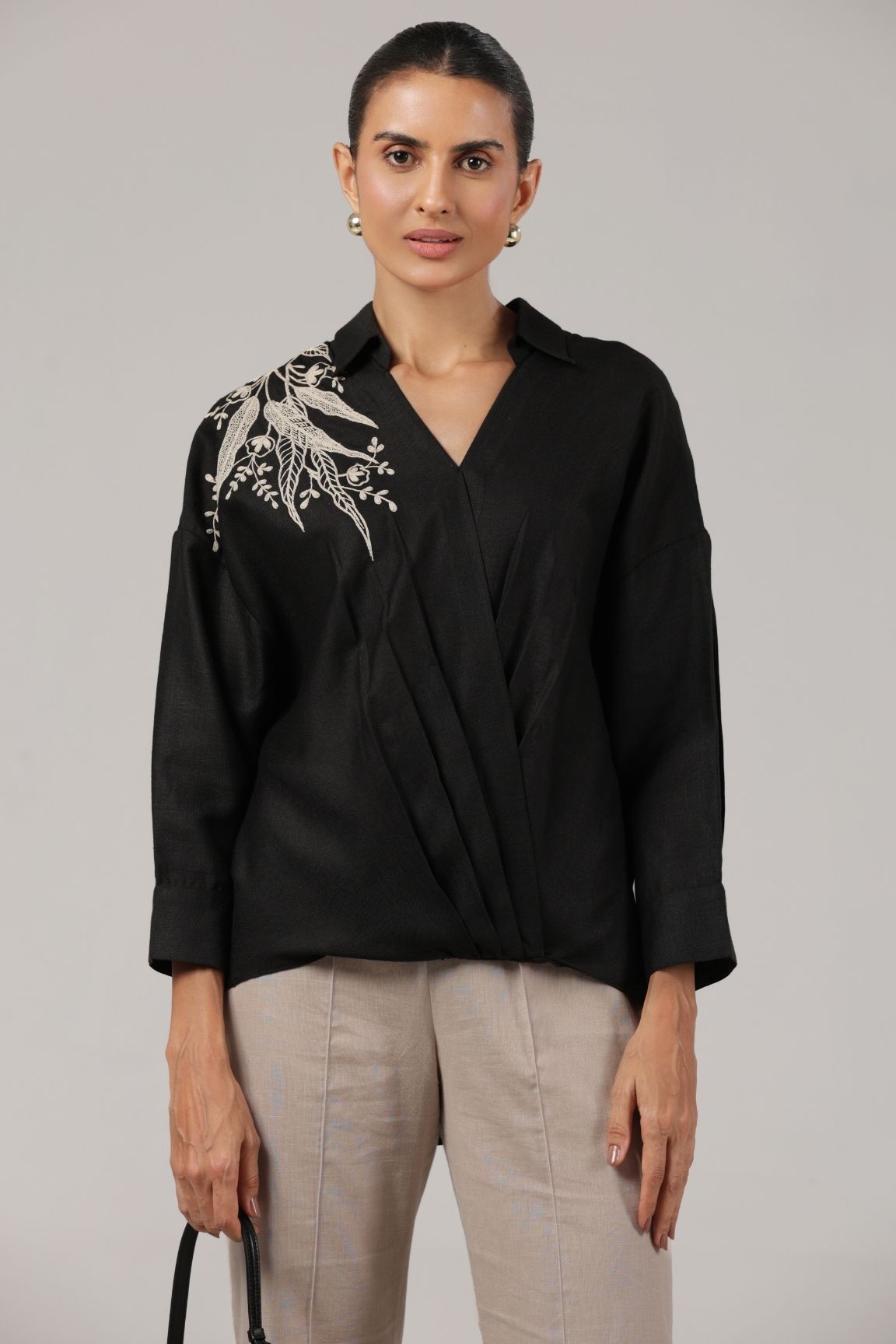 Black Embroidered Wrap-Style Cotton Shirt