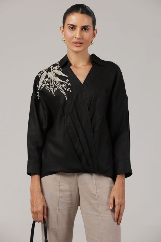 Black Embroidered Wrap-Style Cotton Shirt