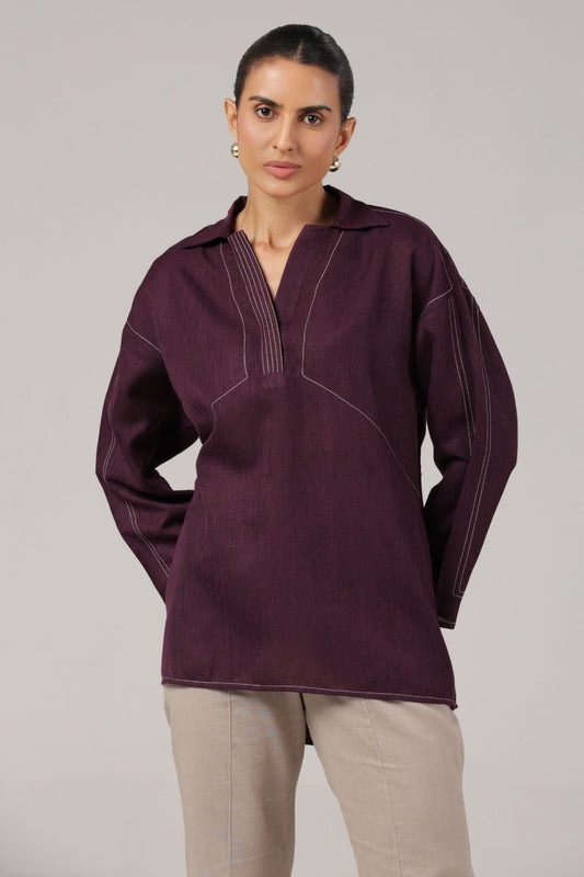 Plum Contrast Stitch Relaxed Fit Cotton Top