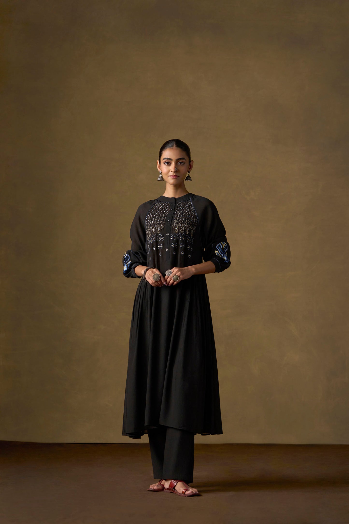 Onyx Black Embroidered Tiered Long Co-ord Set