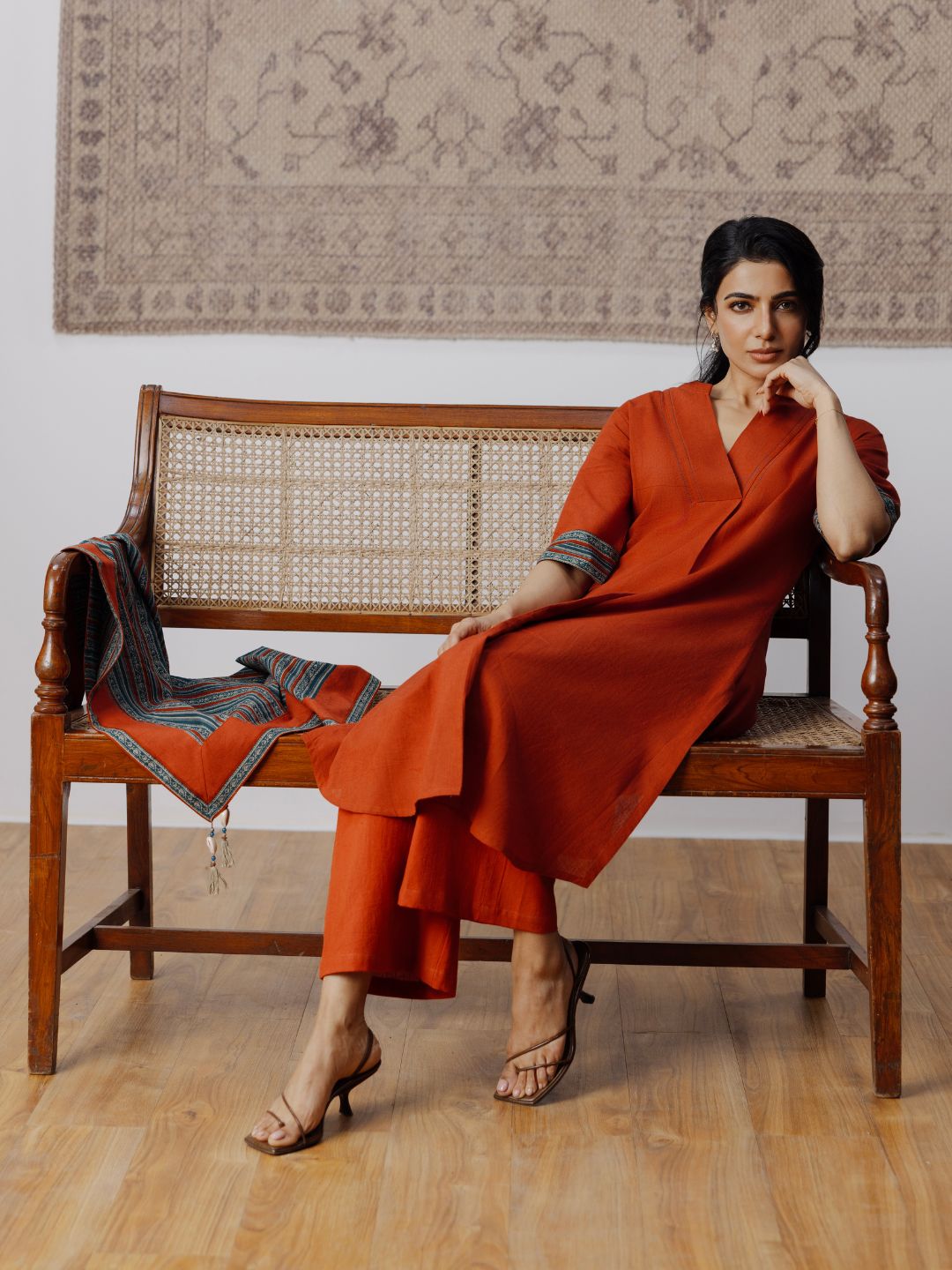 Cotton Kurta Set with Contrast Detailing & Tassel Scarf