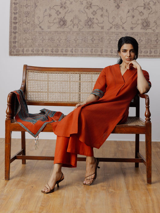 Cotton Kurta Set with Contrast Detailing & Tassel Scarf