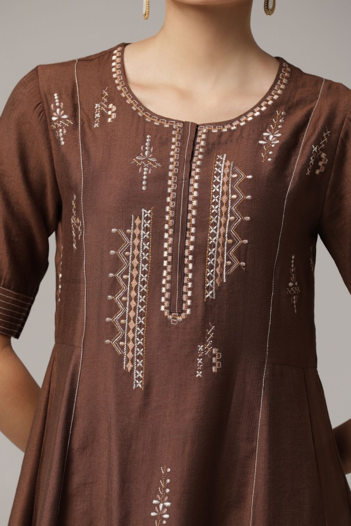 Cocoa Brown Embroidered Cotton Satin A-Line Dress