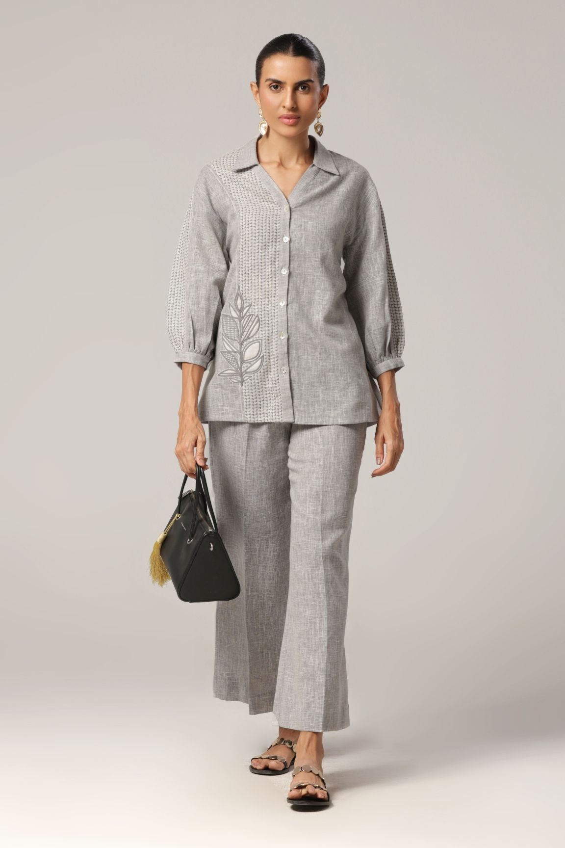 Grey Textured Floral Embroidered Cotton shirt