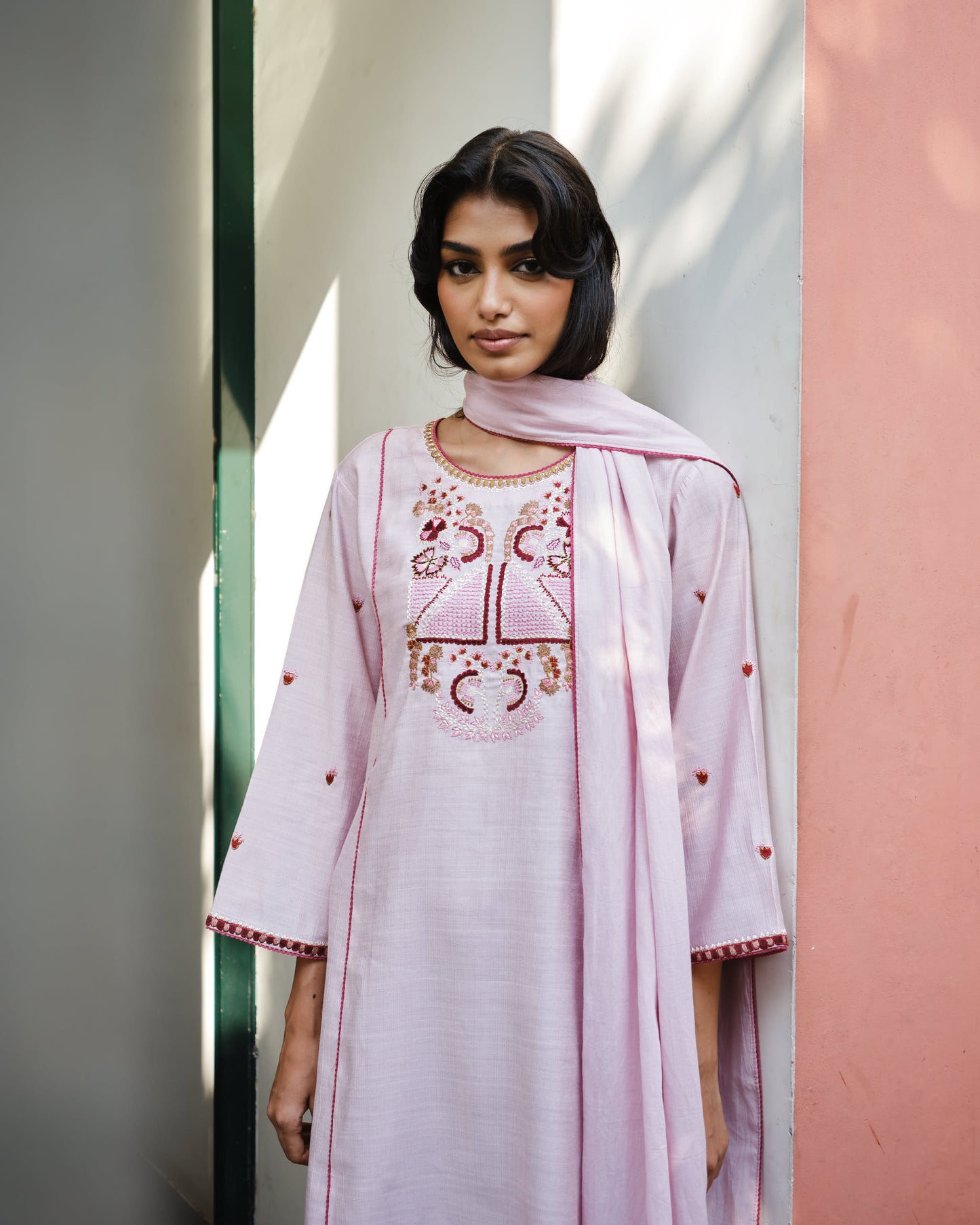 Blush & Deep Rose Viscose Suit with Soft Mulmul Dupatta
