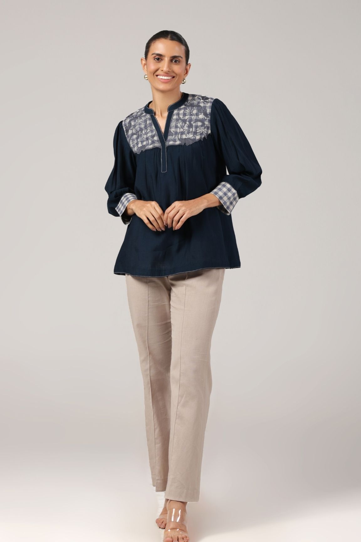 Navy Embroidered Cotton Linen V-Neck Top