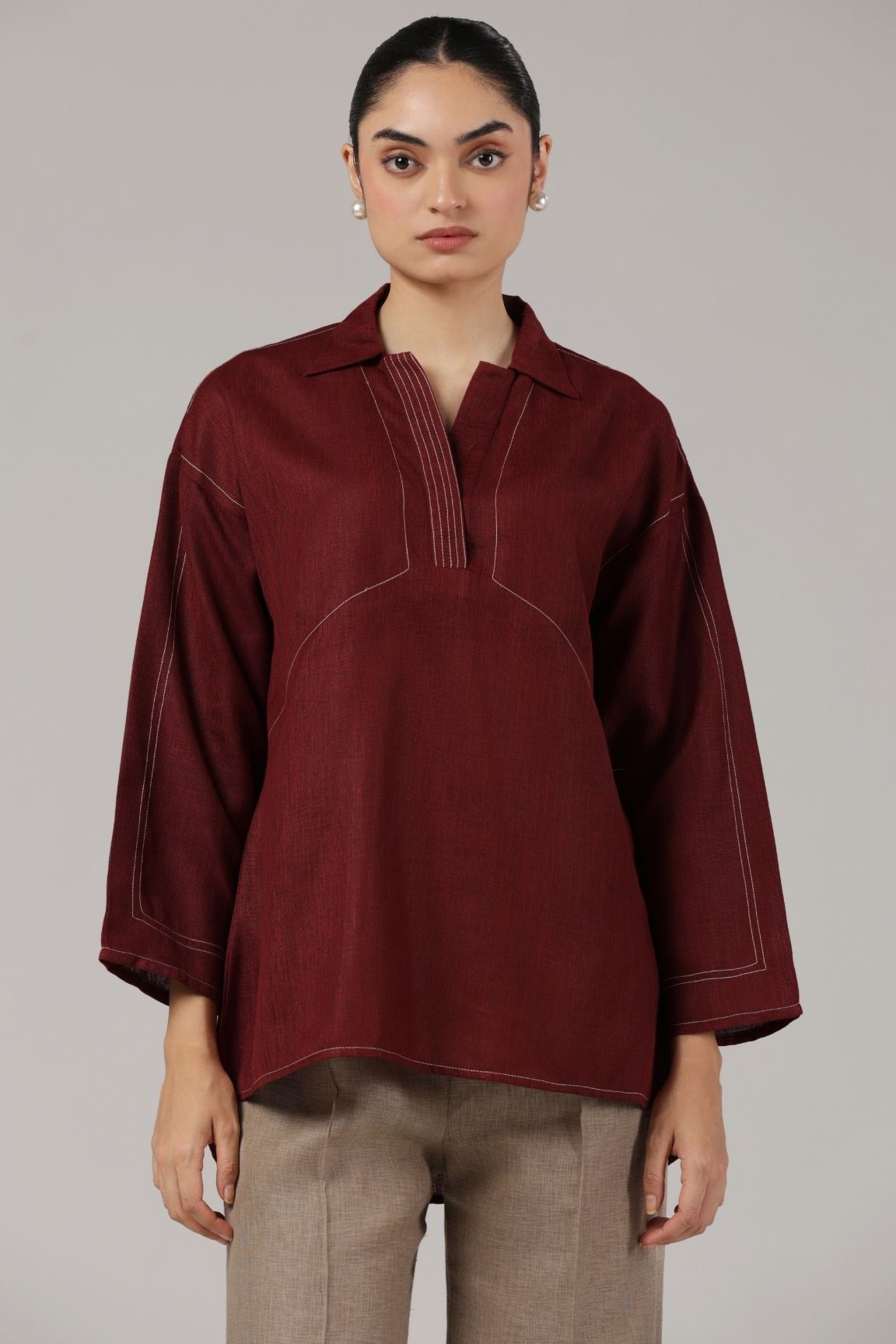 Maroon Contrast Stitch Relaxed Cotton Top