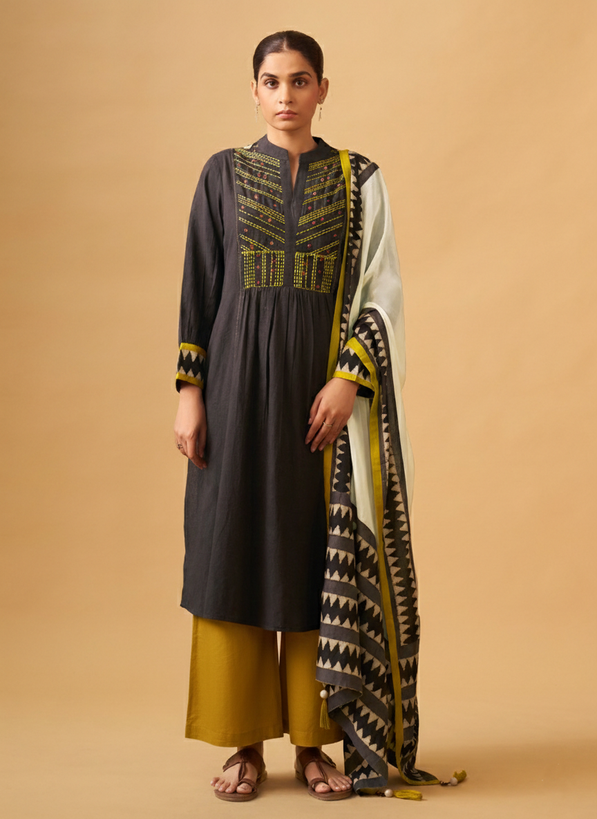 Coffee  Embroidered Cotton Kurta Set with Printed Dupatta