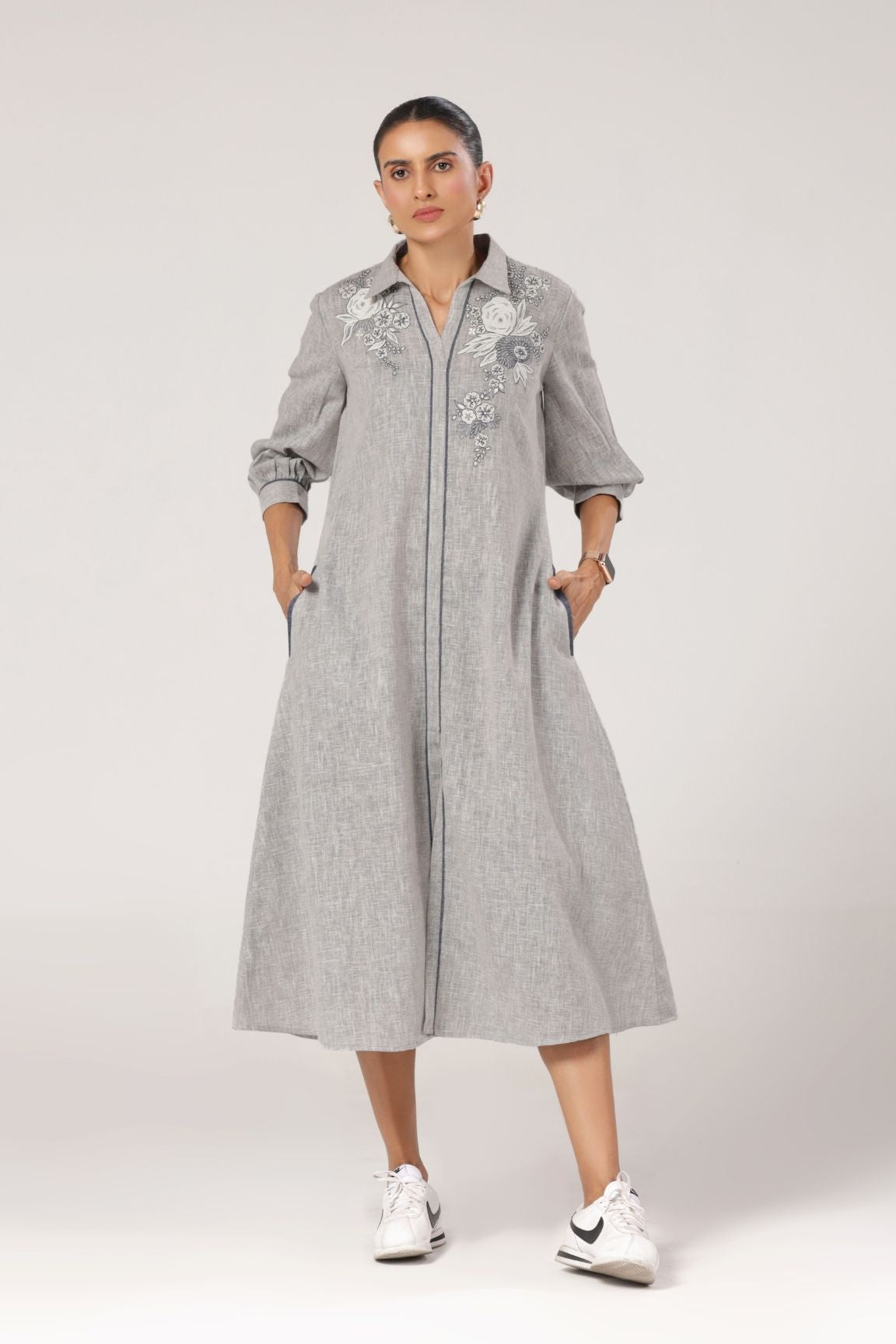 Grey Embroidered Cotton Midi Dress