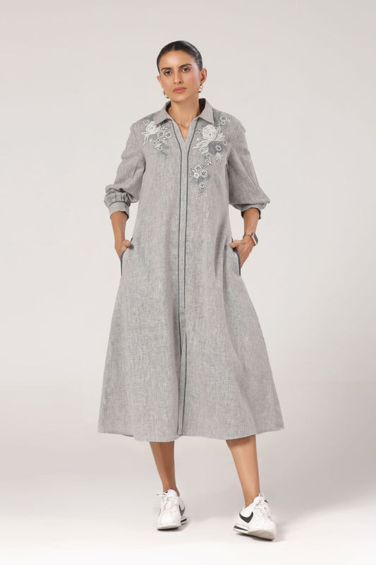Grey Embroidered Cotton Midi Dress