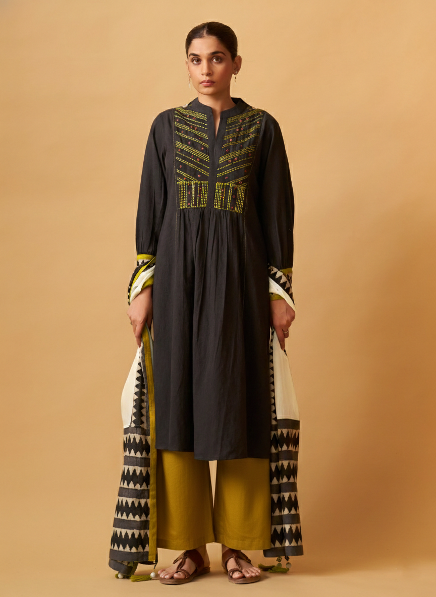 Coffee  Embroidered Cotton Kurta Set with Printed Dupatta