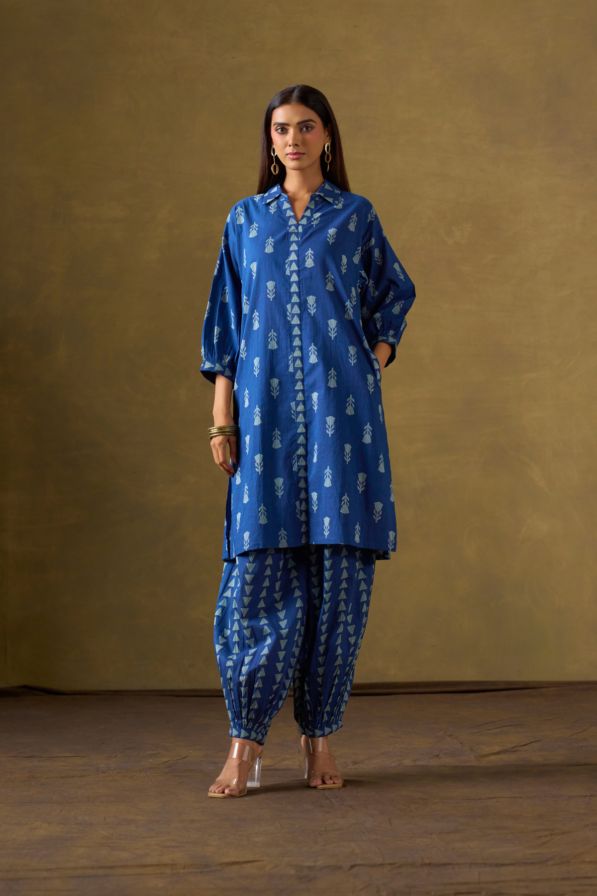 Indigo Printed Collared Kurta Set with Harem Pants