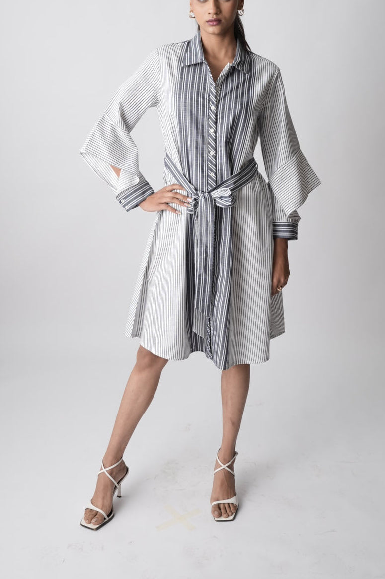 Blue & White Striped Belted Shirt Dress