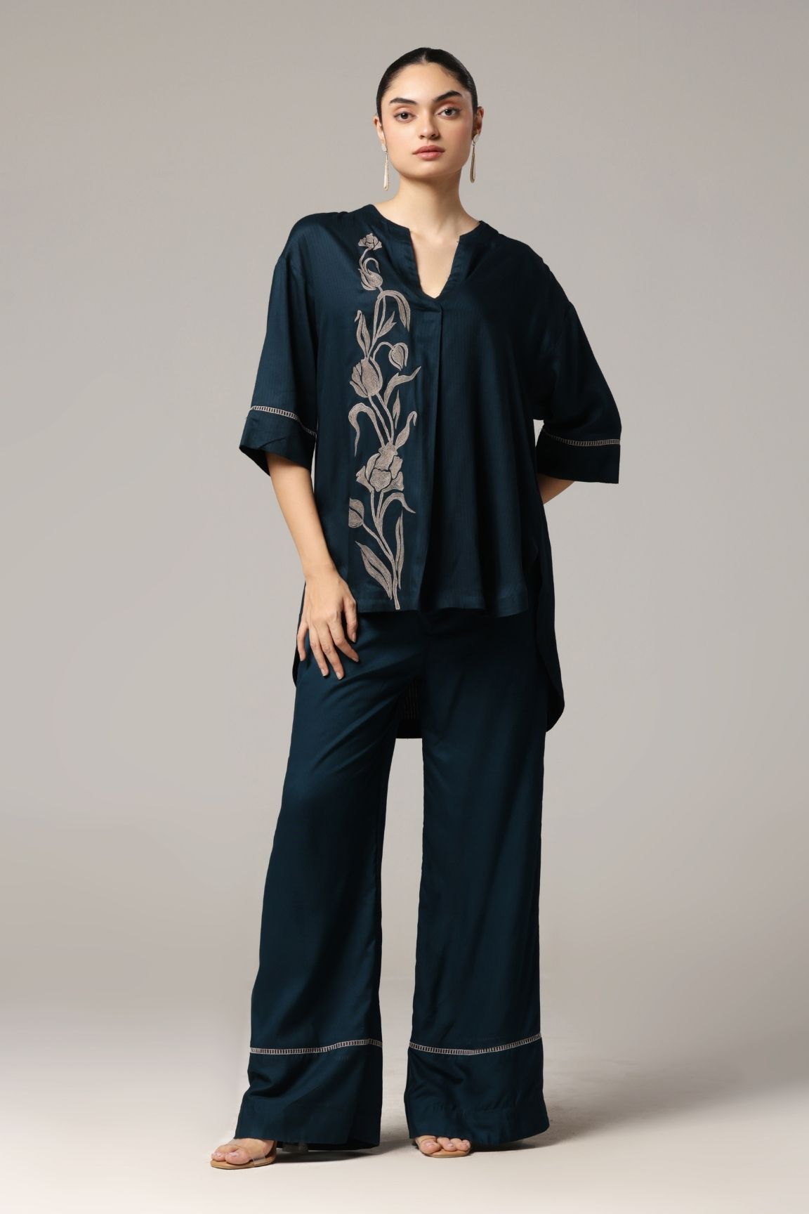 Teal Blue Floral Embroidered Cotton Satin Coord Set