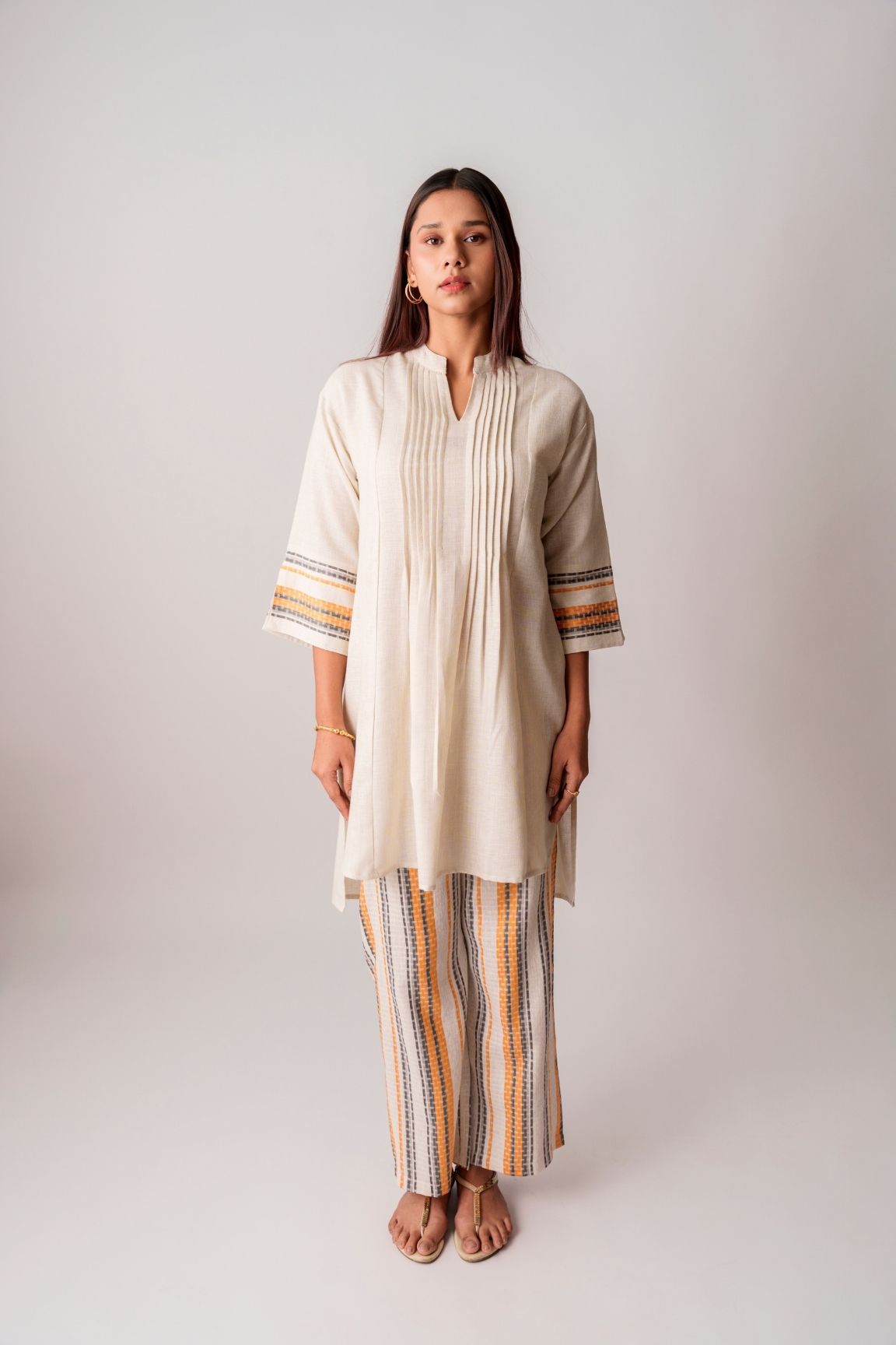 Cream & Mustard Handwoven Striped Cotton Kurta Set