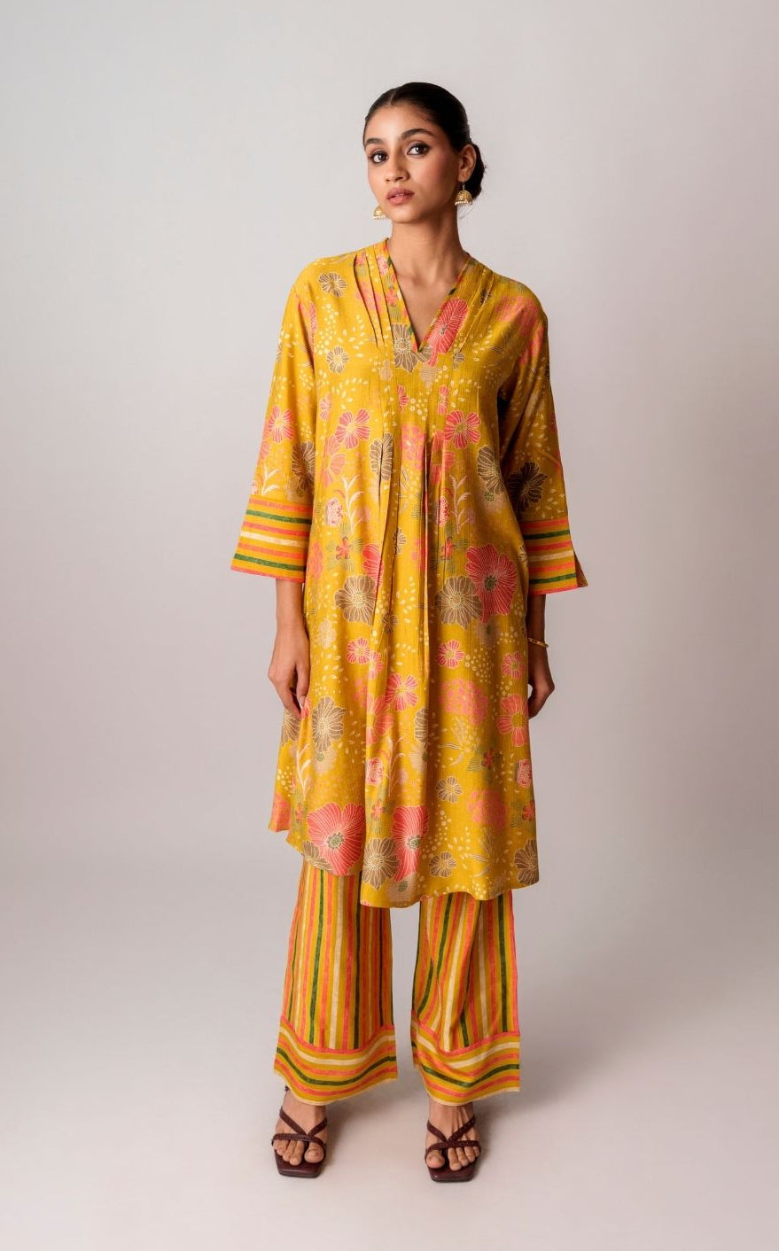 Yellow Floral Printed Cotton Kurta Set