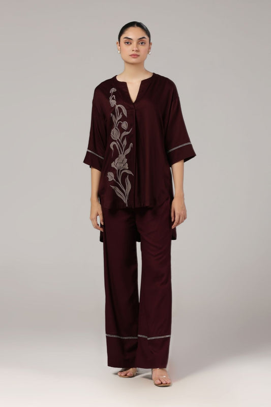 Maroon Floral Embroidered Cotton Satin Co-ord Set