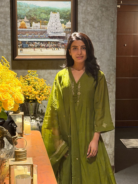 Olive Green Embroidered Suit Set with Dupatta