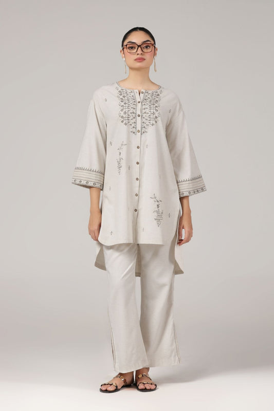 Off-White Embroidered High-Low Kurta Set