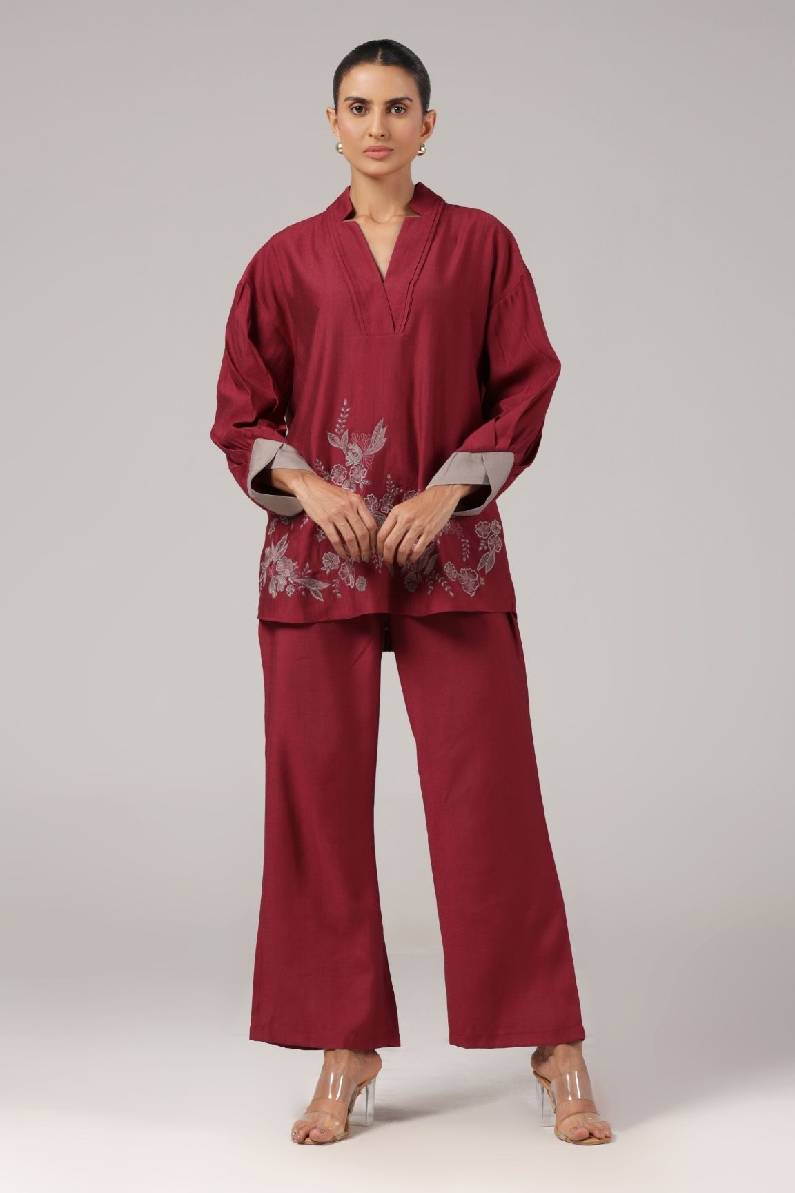 Wine Floral Embroidered Relaxed Co-ord Set