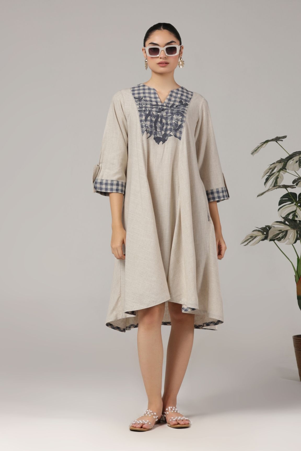 Beige and Navy Handloom Cotton High-Low Dress