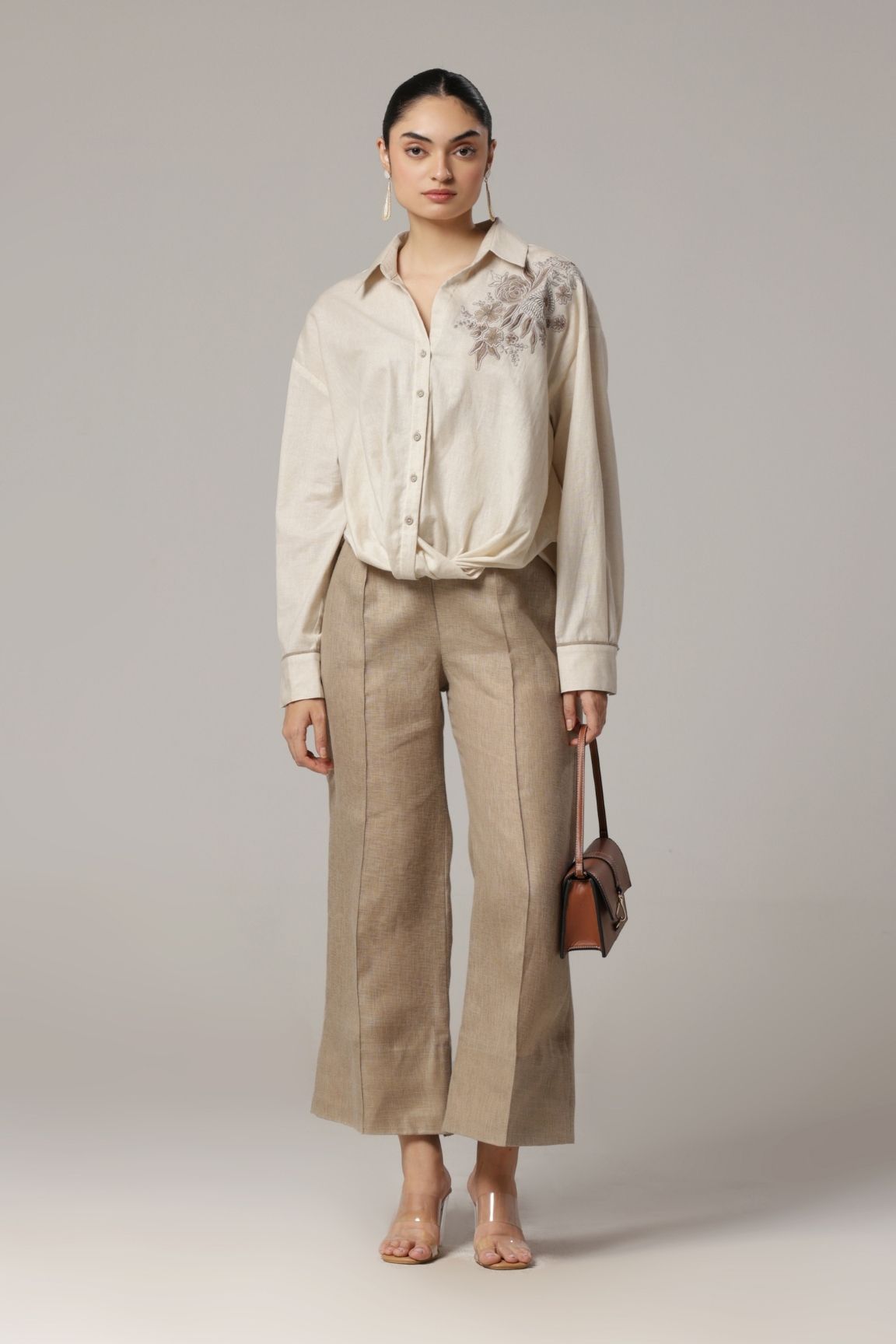Beige Floral Embroidered Relaxed Fit Shirt