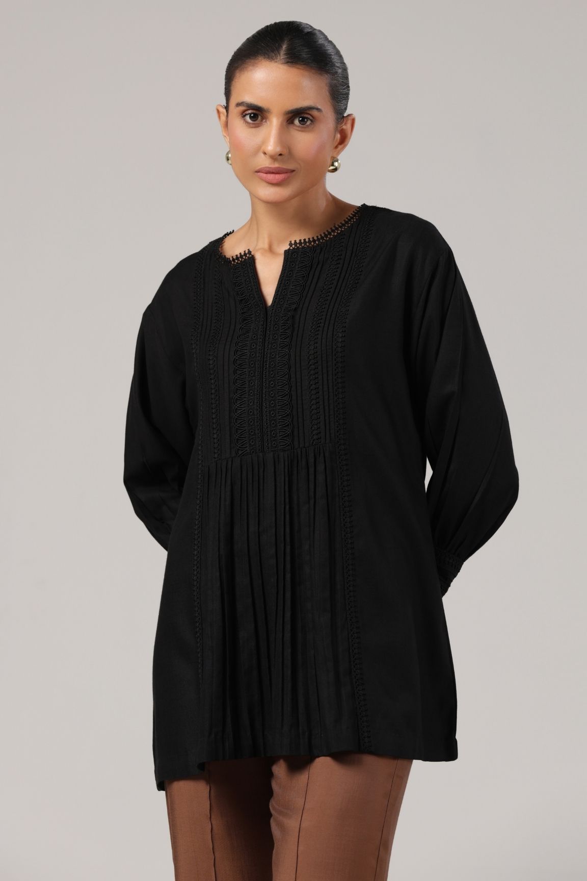 Black Textured Pleated Organic Cotton Top