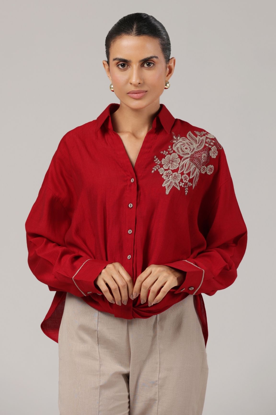 Red Floral Embroidered Button-Down Shirt
