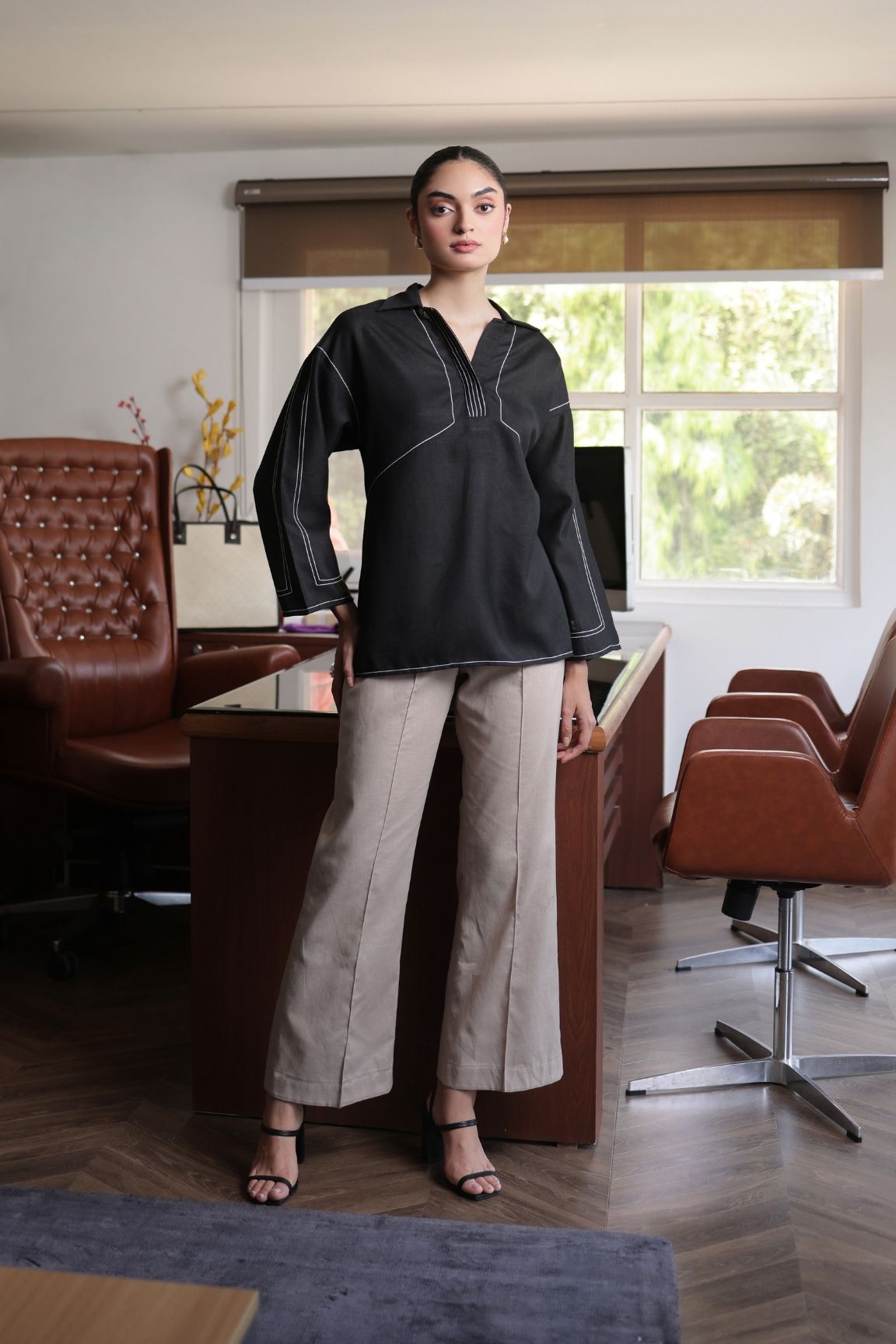 Black Contrast Stitch Cotton Linen Blend Top