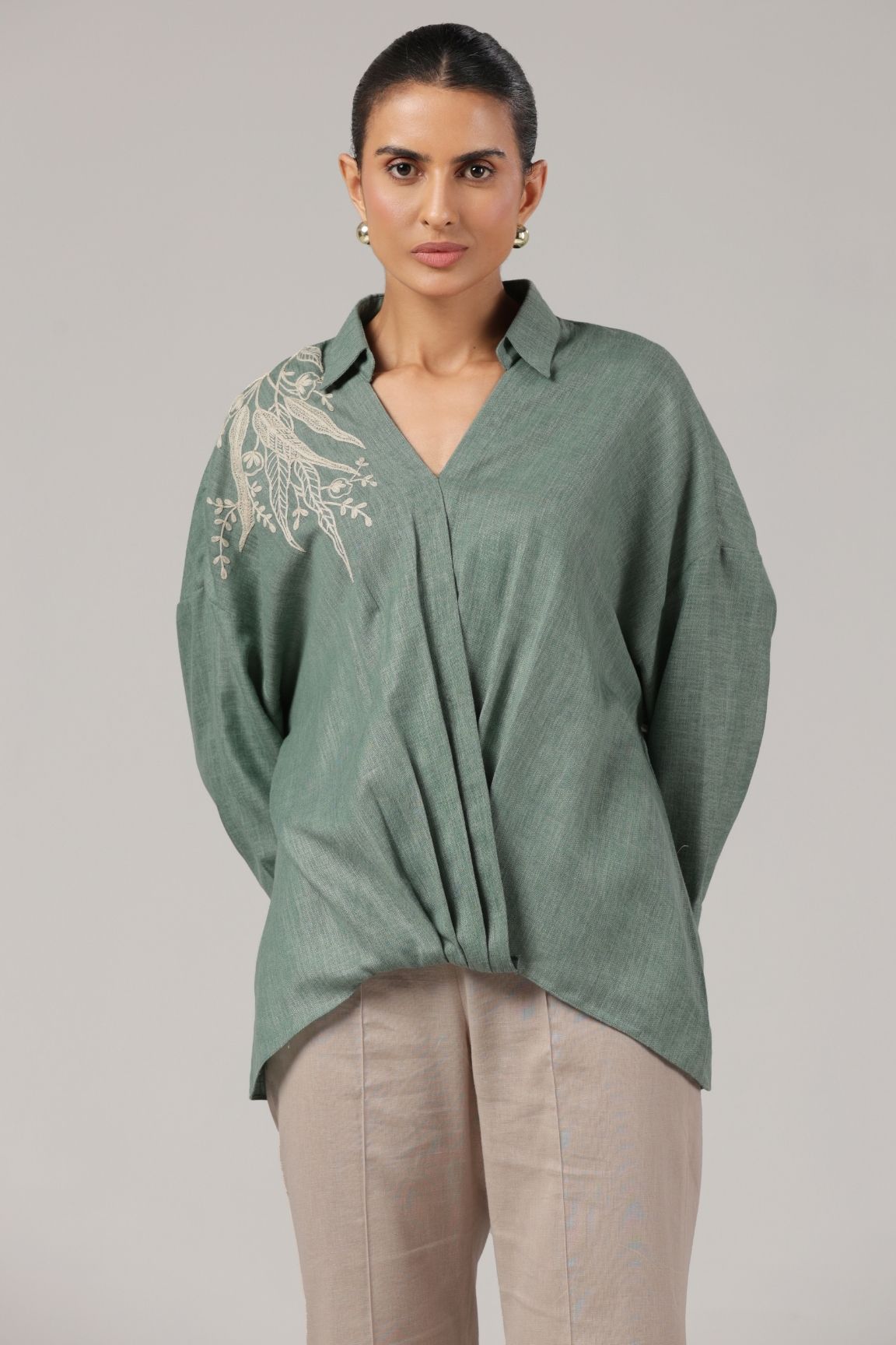Sage Green Embroidered Collared Relaxed Shirt