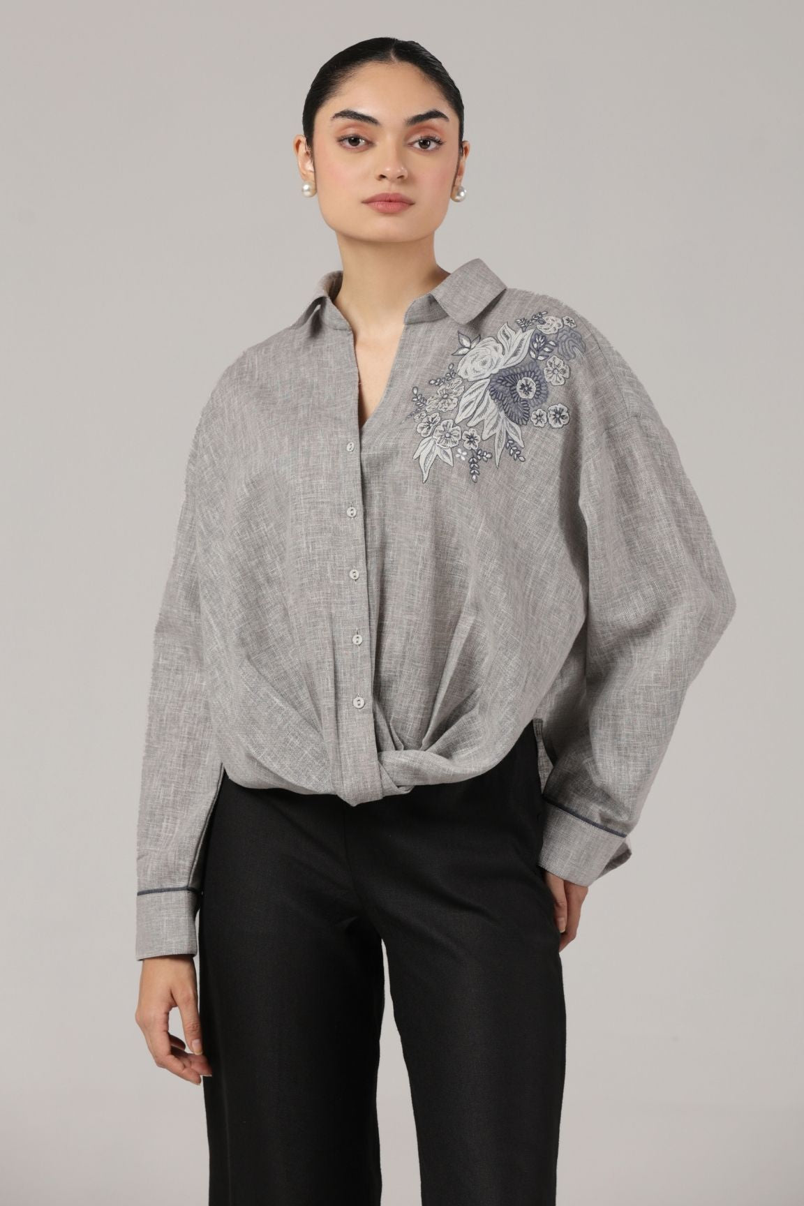 Grey Floral Embroidered Linen Shirt