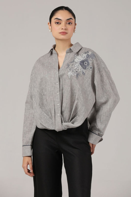 Grey Floral Embroidered Linen Shirt