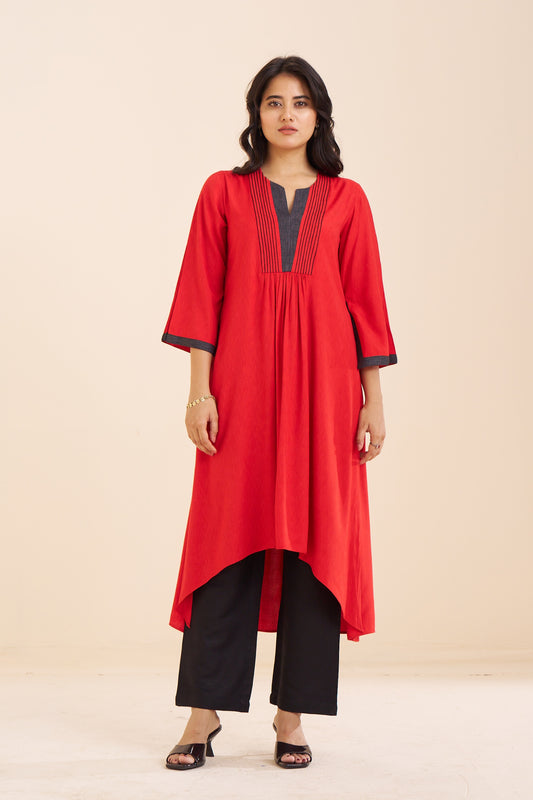 Classic Red V-Neck Kurta with Pleat Detailing in Viscose Blend