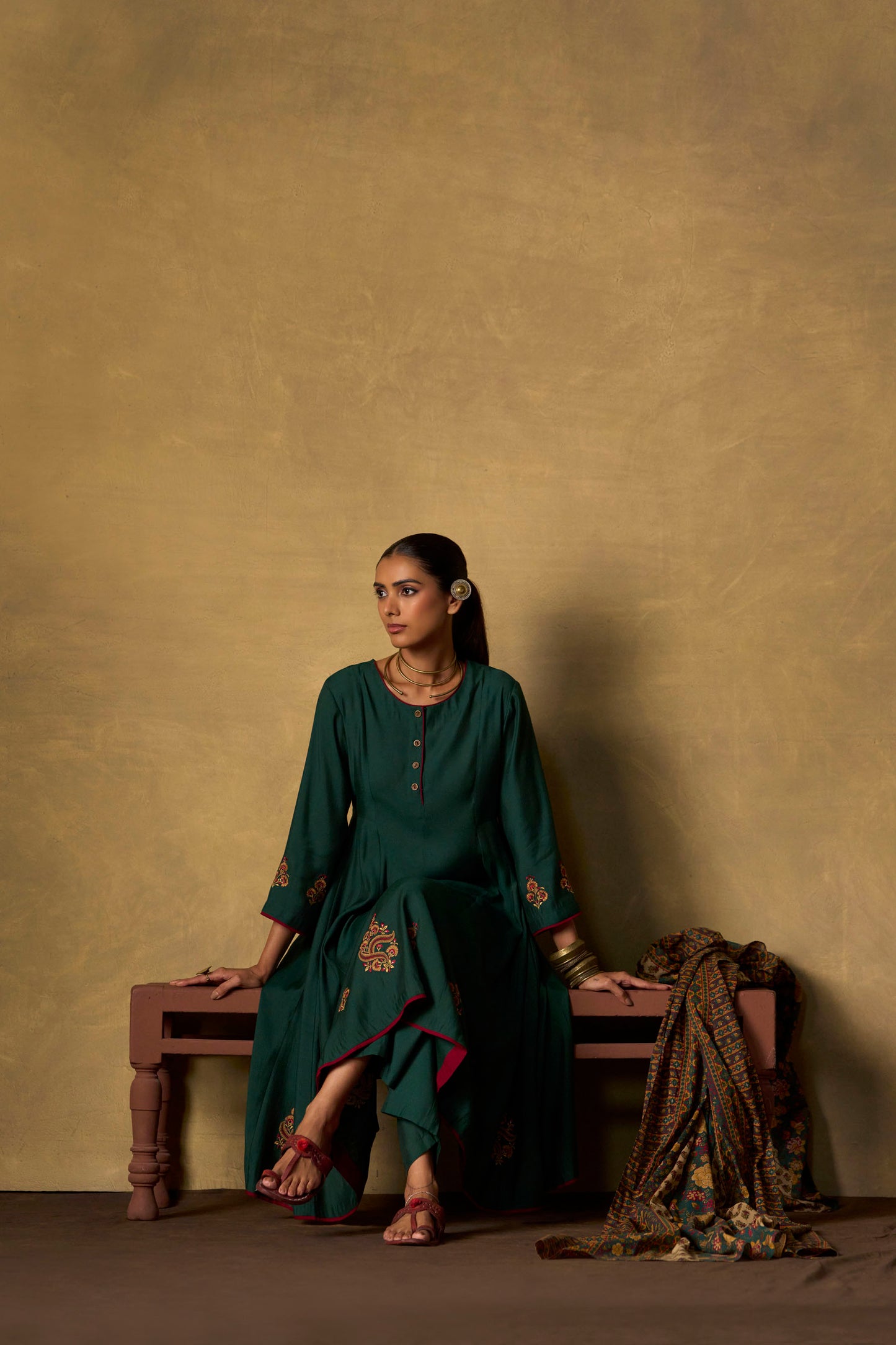 Emerald Ease Embroidered Kurta Set with Printed Dupatta