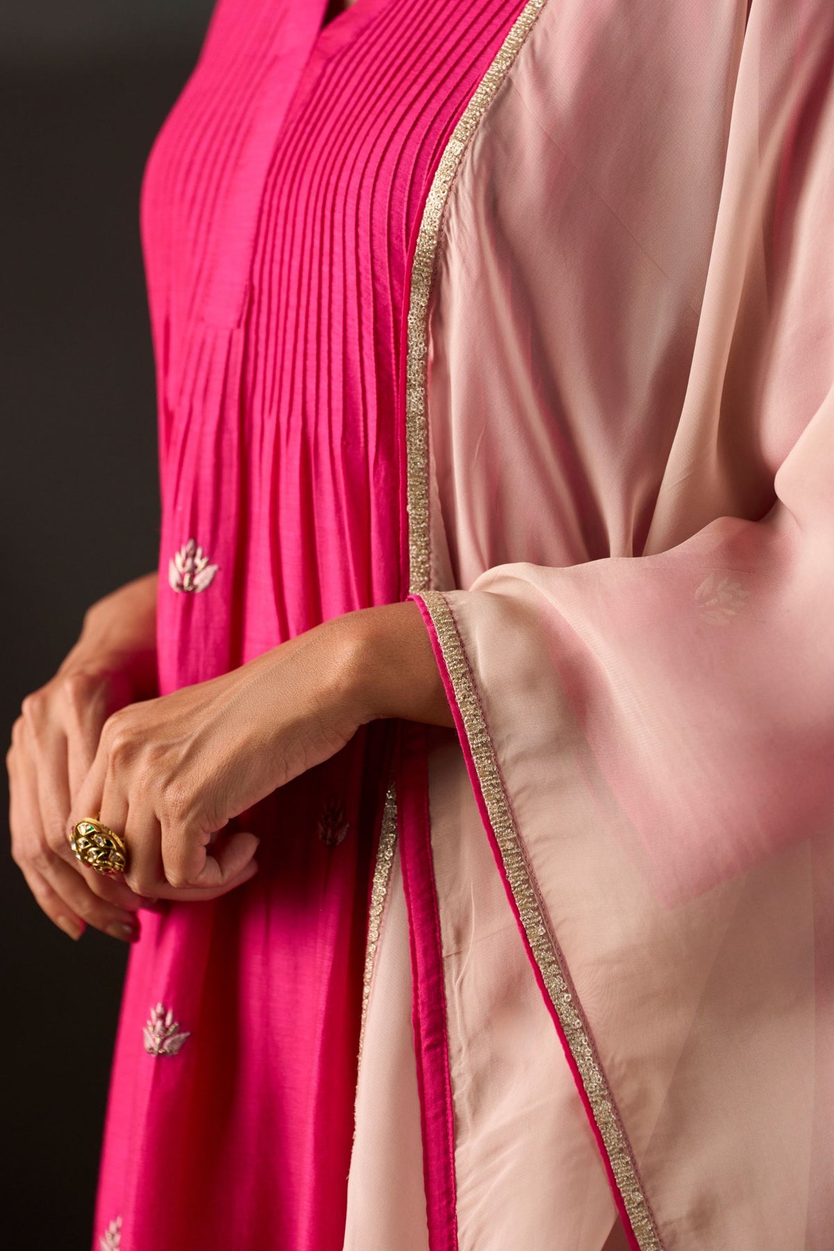 Rani Pink Lotus Booti Anarkali Suit Set with Dupatta