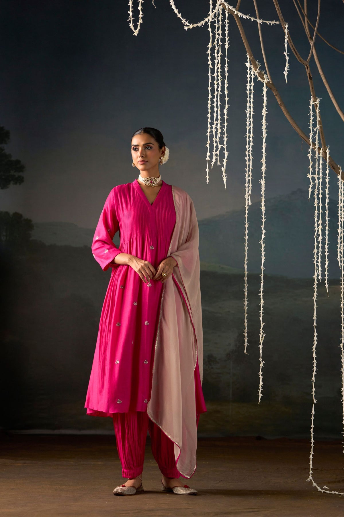Rani Pink Lotus Booti Anarkali Suit Set with Dupatta