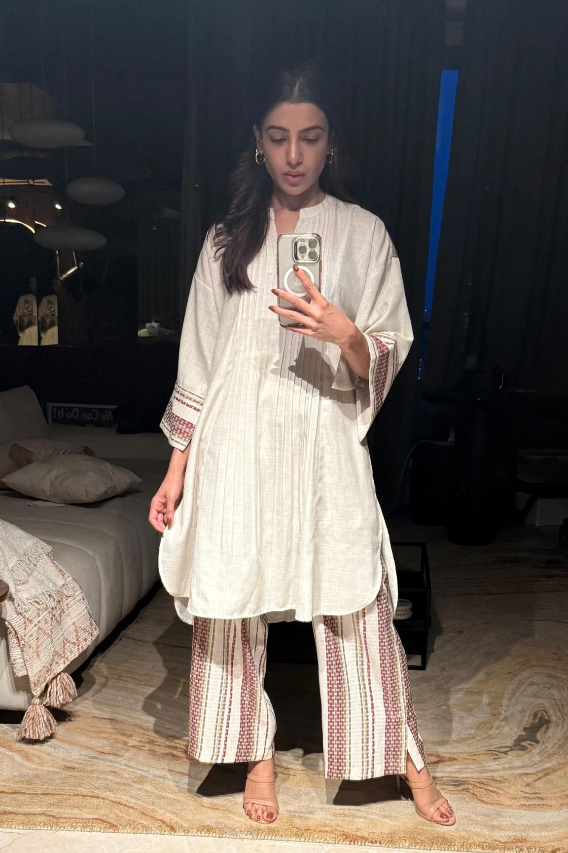 Cream & Maroon Handwoven Striped Cotton Kurta Set