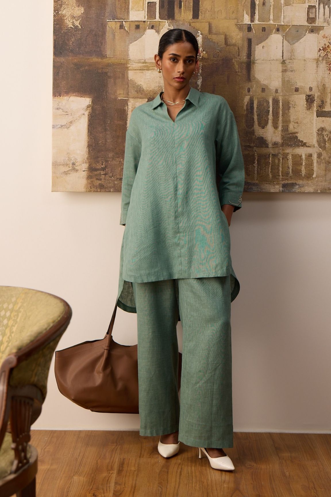 Sage Green Cotton-Linen Co-ord Set
