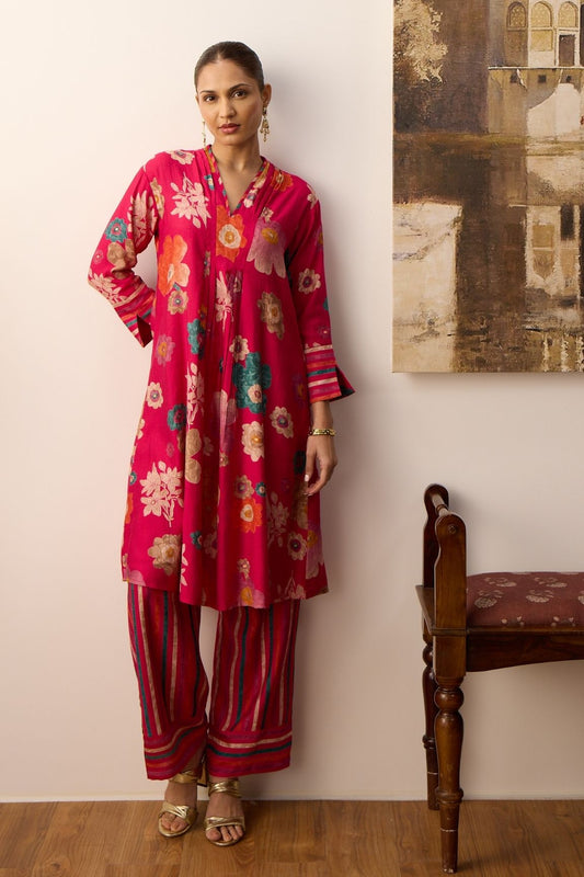 Pink Floral Printed Cotton Kurta Set