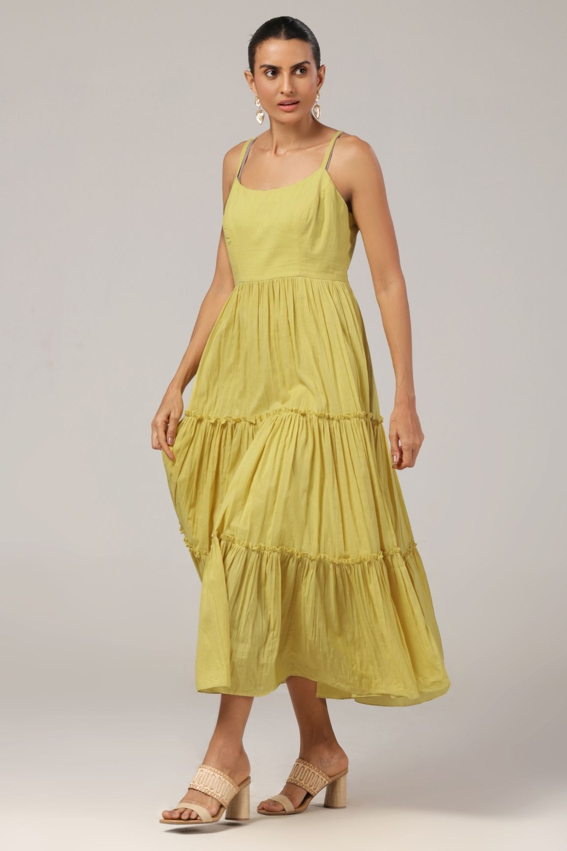 Mustard Cotton-Lurex Blazer & Tiered Dress Set