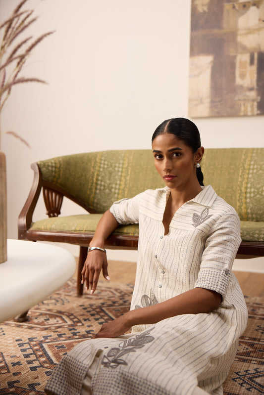 Beige Striped Embroidered Linen Kurta Set