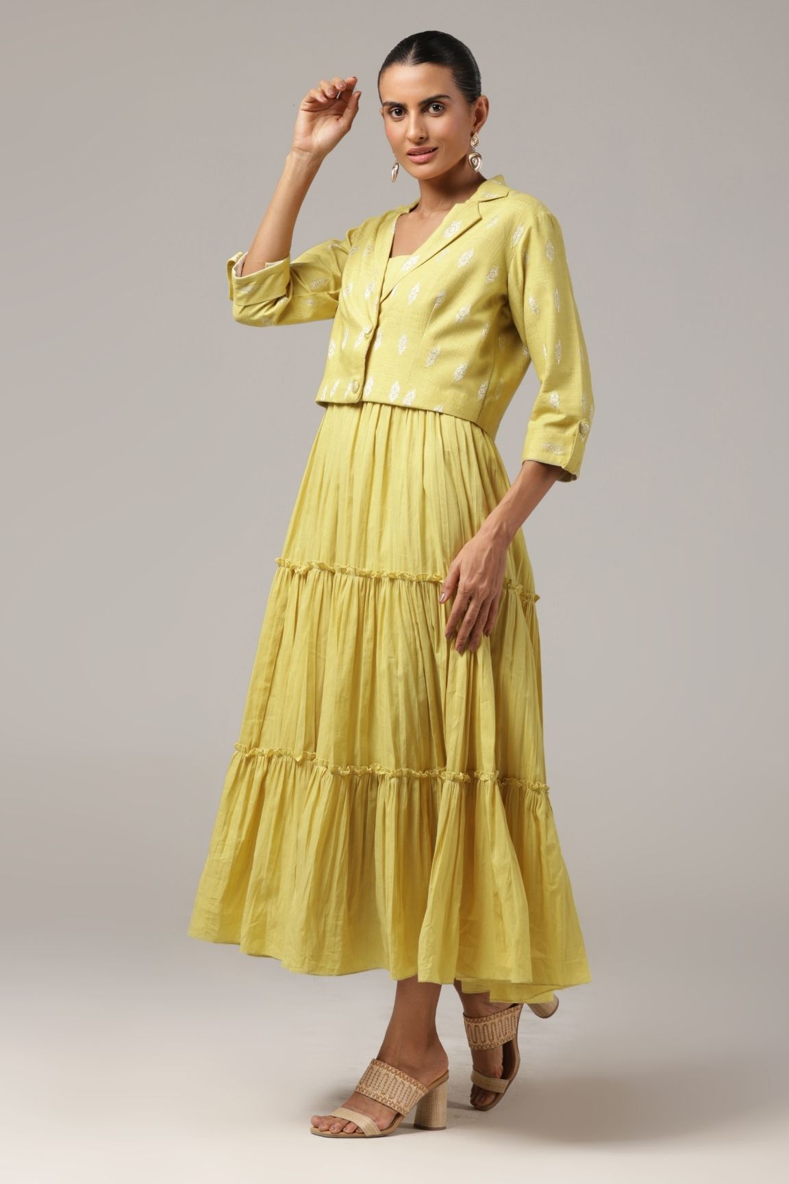 Mustard Cotton-Lurex Blazer & Tiered Dress Set