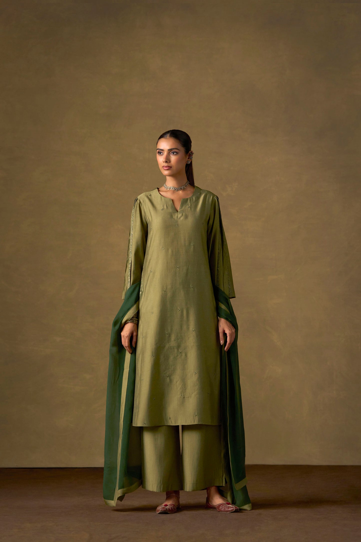 Moss Green Embroidered Kurta Set with Ombre Dupatta