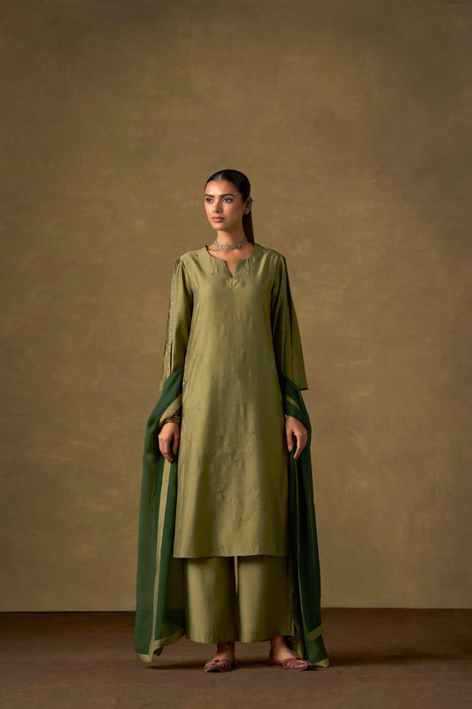 Moss Green Embroidered Kurta Set with Ombre Dupatta
