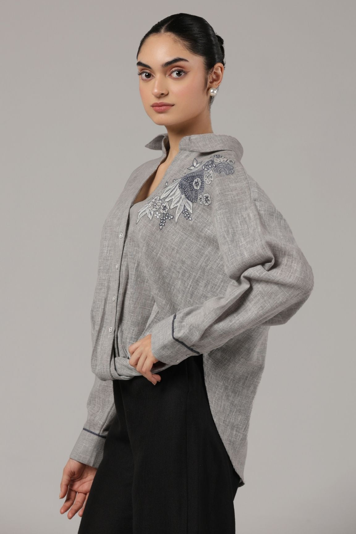 Grey Floral Embroidered Linen Shirt