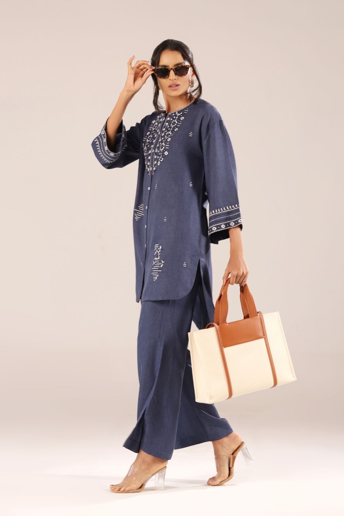 Denim Blue Embroidered Straight Kurta with Palazzos