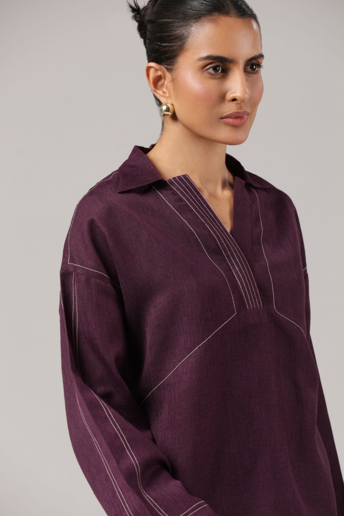 Plum Contrast Stitch Relaxed Fit Cotton Top
