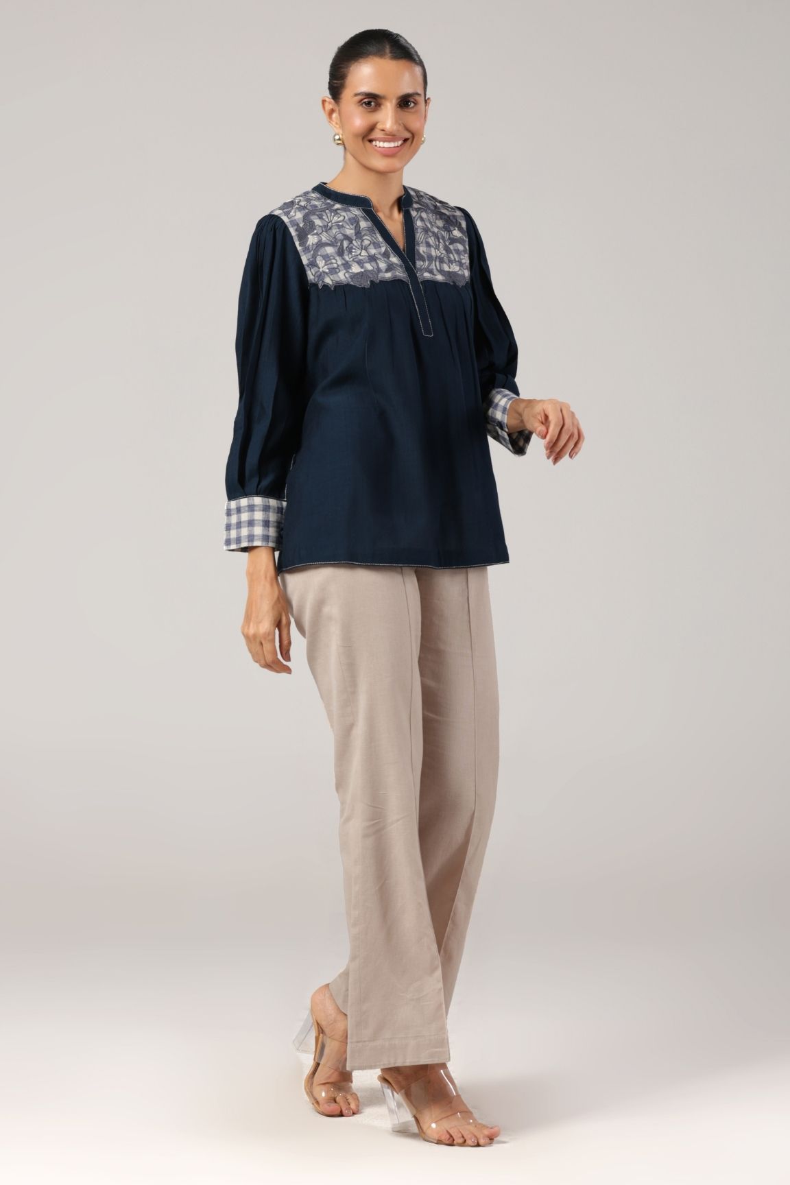 Navy Embroidered Cotton Linen V-Neck Top