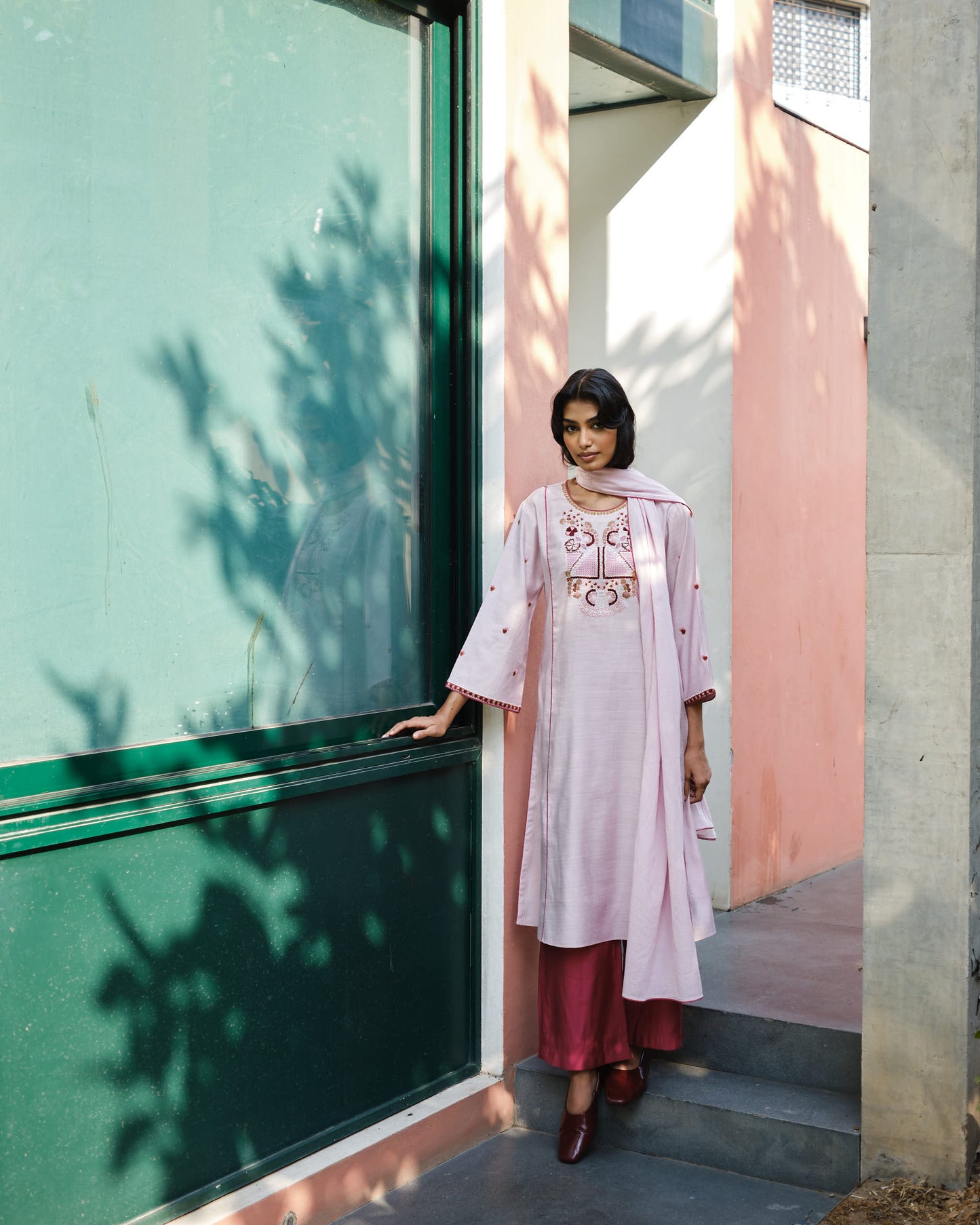 Blush & Deep Rose Viscose Suit with Soft Mulmul Dupatta