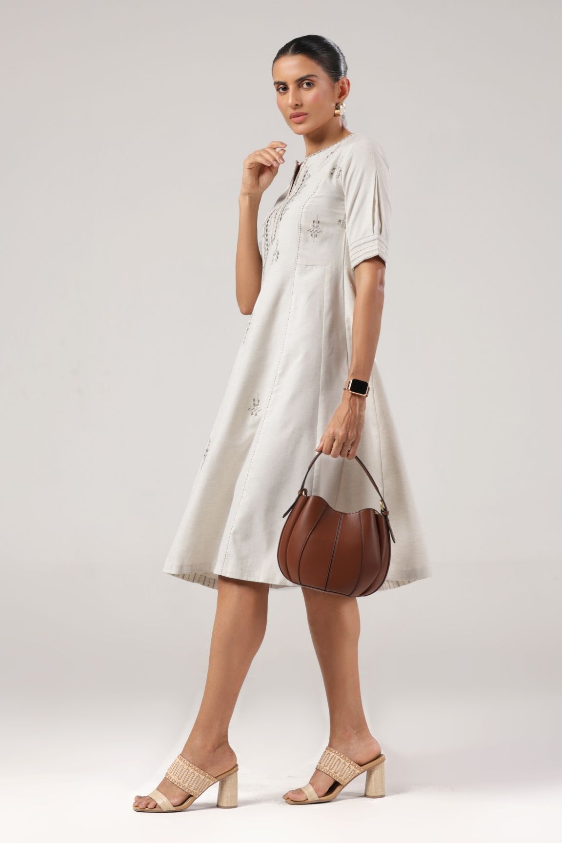 Off-White Embroidered A-Line Cotton Dress